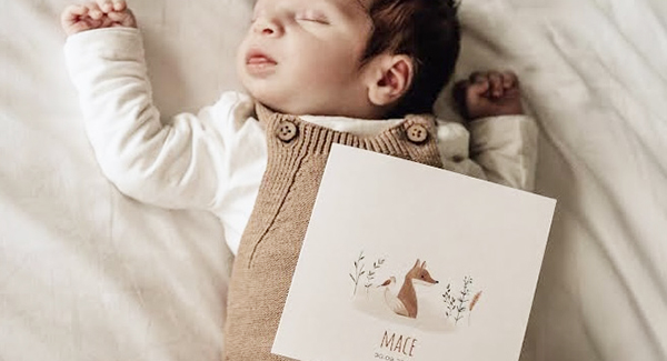 Geboortekaartje voor een jongen , minimalistisch en neutraal met een vosje en goudfolie